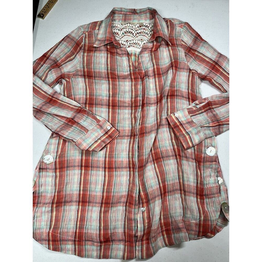Soft Surrounding Red Plaid Shell Button Down Size Blouse Size Small